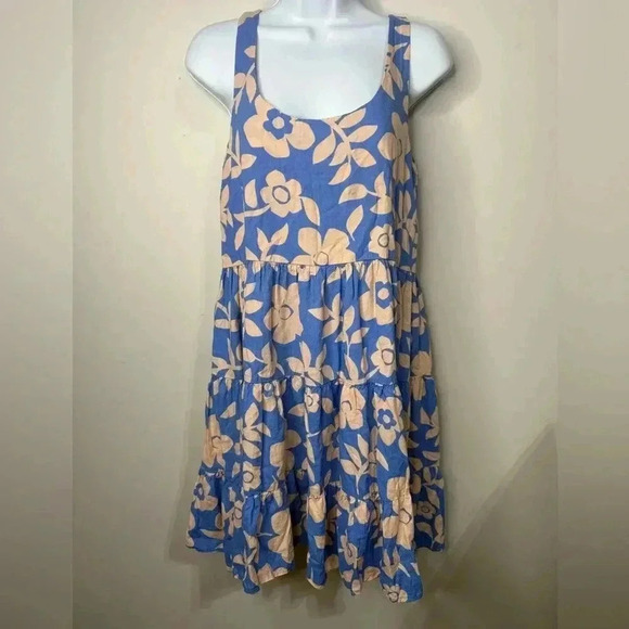 Mister Zimi Blue and Peach Floral Print Tiered Dress Size 4 - Picture 1 of 7